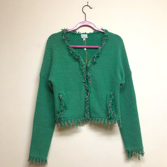 Tracy Reese Sweaters - Tracy Reese Tweed Birdseye Knit Green Gray Fringe Cardigan Lady Boucle Jacket  S